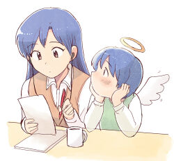 1boy 1girl angel_wings blue_hair brother_and_sister brown_vest child closed_mouth collared_shirt cup earbuds earphones elbows_on_table green_vest halo holding holding_paper holding_pencil idolmaster idolmaster_(classic) kisaragi_chihaya kisaragi_yuu_(idolmaster) long_hair long_sleeves looking_at_another looking_at_object mechanical_pencil mug no_mouth paper pencil shirt short_hair siblings simple_background table tsubobot upper_body vest white_background white_shirt wings