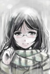 1girl black_hair blush female_focus glasses kubocha long_hair looking_at_viewer original scarf solo