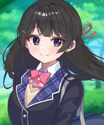1girl bag black_hair black_jacket blue_bag blue_eyes blunt_bangs blurry blurry_background bow bowtie braid brown_cardigan cardigan closed_mouth collared_shirt day floating_hair hair_ornament hair_ribbon hairclip jacket light_blush long_hair looking_at_viewer nijisanji outdoors pink_bow pink_bowtie pink_ribbon ribbon ropuggo school_bag shirt smile solo tree tsukino_mito tsukino_mito_(1st_costume) upper_body virtual_youtuber white_shirt white_trim