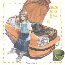 1girl 2025 apron arrow_(symbol) artist_name blue_apron blue_overalls blush book boots border brown_eyes brown_hair car car_part castrol cat cat_tail closed_mouth commentary_request dotted_line engine english_text full_body funnel_(tool) gloves grease_(mechanical) highres holding holding_book instruction_manual jettoburikku lace-up_boots leaning_against_vehicle license_plate logo mechanic medium_hair motor_oil motor_vehicle nissan nissan_micra open_car_hood original overalls pants pants_rolled_up shirt short_sleeves simple_background solo standing tail tin_(container) white_background white_boots white_gloves white_shirt yellow_border yellow_car