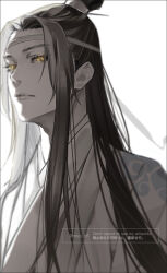 1boy black_border black_hair border chinese_clothes closed_mouth eyelashes glowing glowing_eyes hair_bun hanfu headband lan_wangji long_hair looking_at_viewer male_focus modao_zushi monochrome outside_border simple_background single_hair_bun solo spot_color topknot twitter_username upper_body watermark white_background white_hanfu xiao_guan_(headdress) yellow_eyes ykmr_(haga)
