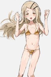 1girl :d bikini blonde_hair breasts gakuen_idolmaster gold_bikini golden_week golden_week_bikini grey_background haburashi hair_ornament hairclip highres idolmaster long_hair navel open_mouth orange_eyes shinosawa_hiro shiny_swimsuit simple_background skinny small_breasts smile swimsuit