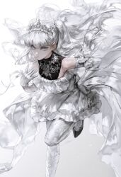 1girl black_shoes commentary dated dress elbow_gloves gloves grey_eyes hand_on_own_hip highres knee_up lace_pantyhose long_hair looking_at_viewer original pantyhose shoes signature solo strapless strapless_dress tiara very_long_hair vlfdus_0 white_dress white_glint white_gloves white_hair white_pantyhose white_tiara