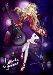 1girl absurdres acoustic_guitar character_name female_focus gloves guitar highres instrument long_hair nozomi nozomi_(chaoyitien) purple_eyes solo thighhighs touhou yakumo_yukari