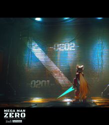1boy armor black_border blonde_hair border energy_sword from_behind helmet highres holding holding_sword holding_weapon long_hair male_focus mega_man_(series) mega_man_zero_(series) noinoichebura red_armor red_helmet solo sword weapon wide_shot z_saber zero(z)_(mega_man) zero_(mega_man)