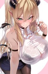 1girl absurdres bare_shoulders black_bra black_horns black_pantyhose black_skirt black_tail blonde_hair blue_eyes blush bra breasts closed_mouth cowboy_shot demon_girl demon_horns demon_tail glasses high_ponytail highres holding holding_removed_eyewear hololive horns huge_breasts long_hair looking_at_viewer omoti_(1201208) pantyhose ponytail see-through_clothes see-through_shirt shirt simple_background skirt sleeveless sleeveless_shirt smile solo tail underwear unworn_eyewear very_long_hair virtual_youtuber wet wet_clothes wet_shirt white_background white_shirt yuzuki_choco
