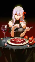 1girl absurdres akemi_homura akemi_homura_(black_dress) alcohol bare_shoulders blood cherrymaru dark_sakura facial_mark fate/stay_night fate_(series) food fork fruit hair_between_eyes heaven&#039;s_feel highres holding holding_fork holding_knife knife long_hair looking_at_viewer matou_sakura meat pomegranate purple_hair red_eyes sidelocks solo wine