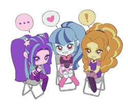 ! ... 3girls 4girls adagio_dazzle adagio_dazzle_(human) aqua_hair aria_blaze aria_blaze_(human) black_boots black_choker blue_eyeshadow boots bracelet breasts chair chibi chibi_only chinese_commentary choker closed_mouth colored_skin commentary_request crossed_legs curly_hair curtained_hair dress eyeshadow fingerless_gloves folding_chair from_above full_body gem gloves green_jacket grin hair_ornament hair_tie hands_on_own_knee hands_on_own_knees heart high_ponytail highres interlocked_fingers jacket jewelry knee_boots knee_up knees_together_feet_apart light_frown long_hair looking_at_viewer lwen makeup multicolored_hair multiple_girls my_little_pony my_little_pony:_equestria_girls my_little_pony:_friendship_is_magic on_chair own_hands_clasped own_hands_together pants pantyhose parted_bangs pendant_choker pink_boots pink_eyes pink_gloves pink_jacket pink_pantyhose pink_skin pink_skirt ponytail purple_boots purple_dress purple_eyes purple_eyeshadow purple_hair purple_pants red_gemstone shirt short-sleeved_jacket short_sleeves simple_background sitting skirt small_breasts smile sonata_dusk sonata_dusk_(human) spiked_bracelet spikes spoken_ellipsis spoken_exclamation_mark spoken_heart star_(symbol) star_hair_ornament straight_hair streaked_hair twintails two-tone_hair v-bangs v-shaped_eyebrows very_long_hair white_background white_skin yellow_eyeshadow yellow_skin