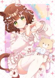 Rule 34 | 1girl, animal ears, aston machan (everlasting candy) (umamusume), aston machan (umamusume), brown hair, closed mouth, commentary request, detached sleeves, dress, feet out of frame, green eyes, hair ornament, hairclip, heart, heart hands, horse ears, horse girl, horse tail, koruri, long sleeves, looking at viewer, puffy long sleeves, puffy sleeves, rabbit hair ornament, smile, solo, star (symbol), stuffed animal, stuffed toy, tail, teddy bear, thighhighs, twitter username, umamusume, valentine, watermark, white dress, white sleeves, white thighhighs