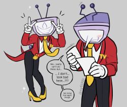 1boy ant_tenna black_pants blush commentary deltarune english_commentary english_text full_body grey_background high_heels highres holding holding_paper icy41777 leaning_forward male_focus multiple_views necktie notice_lines object_head pants paper pointy_nose shoes simple_background smile sparkle sweat tail tailcoat teeth tumblr_username yellow_necktie yellow_shoes