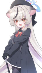 1girl absurdres alternate_costume animal_ear_fluff animal_ears beret black_coat black_gloves black_hair black_hat black_jacket black_pantyhose black_sailor_collar black_serafuku blue_archive blue_halo blush bow bowtie cane coat commentary_request cosplay cowboy_shot gloves gnoet grey_hair hair_between_eyes halo hat highres holding holding_cane jacket kokona_(blue_archive) long_hair looking_at_viewer multicolored_hair open_clothes open_coat open_mouth pantyhose professor_niyaniya_(blue_archive) professor_niyaniya_(blue_archive)_(cosplay) red_bow red_bowtie sailor_collar school_uniform serafuku simple_background smile solo standing streaked_hair tiger_ears very_long_hair white_background white_hair