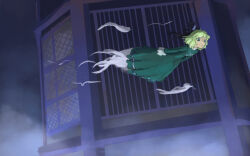 Rule 34 | 1girl, architecture, black hat, closed mouth, commentary request, divine spirit mausoleum, dress, east asian architecture, expressionless, fog, full body, ghost, ghost tail, green dress, green eyes, green hair, hat, long dress, looking at viewer, purple background, ritsuzou, short hair, soga no tojiko, solo, tate eboshi, touhou