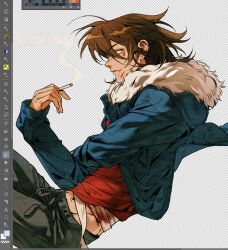 Rule 34 | 1boy, art program in frame, bandages, black pants, blood, blood on face, bloody bandages, blue jacket, brown hair, chinese commentary, cigarette, clip studio paint, clip studio paint (medium), commentary request, eyes visible through hair, film grain, from side, fur-trimmed jacket, fur trim, green eyes, gymnopedies2, highres, holding, holding cigarette, hood, hood down, hooded jacket, isoi reiji, jacket, long sleeves, male focus, medium hair, open clothes, open jacket, pants, parted lips, red shirt, saibou shinkyoku, shirt, smoke, solo