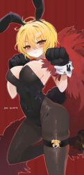 1girl :3 absurdres alternate_costume animal_ears black_gloves black_leotard black_pantyhose blonde_hair blush breasts brown_shoes character_name cleavage cropped_legs don_quixote_(project_moon) fake_animal_ears fake_tail feather_boa gloves highres large_breasts leotard limbus_company looking_at_viewer pantyhose paw_pose project_moon rabbit_ears rabbit_tail red_background saeda8e shoes short_hair simple_background solo standing standing_on_one_leg strapless strapless_leotard sweatdrop tail thighband_pantyhose thighs yellow_eyes