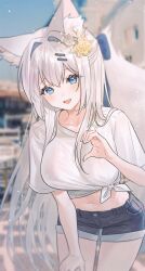 1girl animal_ear_fluff animal_ears blue_eyes blue_shorts blurry blurry_background breasts cowboy_shot crop_top denim denim_shorts depth_of_field flower fox_ears fox_girl fox_tail fymrie hair_flower hair_intakes hair_ornament hairclip hand_on_own_thigh highres large_breasts large_tail leaning_forward long_hair looking_at_viewer midriff navel open_mouth original shirt short_shorts short_sleeves shorts side-tie_shirt smile solo standing stomach tail thighs very_long_hair white_hair white_shirt