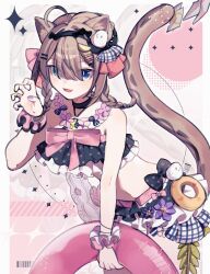 Rule 34 | 1girl, animal ears, bikini, black bikini, black hairband, blue eyes, breasts, brown hair, cat ears, cat girl, cat tail, commentary request, frilled bikini, frills, green eyes, hairband, highres, holding, holding swim ring, honkai (series), honkai impact 3rd, innertube, official alternate costume, pardofelis, pardofelis (midsummer collector), paw pose, pino (pino2452), short hair with long locks, solo, stomach, swim ring, swimsuit, tail