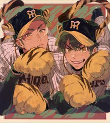 ace_of_diamond animal_ears animal_hands baseball_cap baseball_jersey baseball_uniform black_shirt brown_eyes brown_hair closed_mouth hanshin_tigers hat highres jersey looking_at_viewer lying male_focus miyuki_kazuya nippon_professional_baseball on_stomach open_mouth pants sato_(sato_1_11) sawamura_eijun shirt shoes short_hair sideburns smile sneakers sportswear tail tiger_boy tiger_ears tiger_paws tiger_tail visor white_pants
