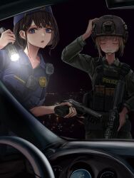 2girls absurdres ammunition_pouch assault_rifle badge blonde_hair blue_eyes blush body_cam brown_hair bulletproof_vest car_interior city_lights closed_eyes commentary_request flashlight gun h&amp;k_hk416 hand_on_helmet handgun helmet highres holding holding_flashlight holding_gun holding_weapon lithographica long_sleeves multiple_girls night night_sky original police police_badge police_uniform policewoman pouch rifle short_hair short_sleeves sig_sauer sig_sauer_p320 sky trigger_discipline walkie-talkie weapon