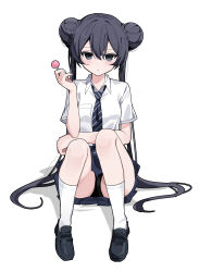 1girl black_necktie black_panties black_skirt blue_archive blush candy chaum food full_body hair_bun highres holding holding_candy holding_food holding_lollipop kisaki_(blue_archive) knees_up loli lollipop long_hair looking_at_viewer necktie panties pantyshot school_uniform shirt short_sleeves simple_background sitting skirt solo underwear very_long_hair white_background white_shirt