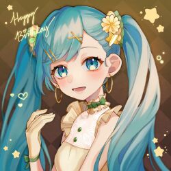 1girl :d amd_aoneko asymmetrical_bangs bare_shoulders blue_eyes blue_hair blush bow bow_choker breasts choker dress earrings flower frilled_dress frilled_shirt_collar frills gloves green_bow hair_flower hair_ornament hand_up happy_birthday hatsune_miku heart highres hoop_earrings jewelry long_hair looking_at_viewer lower_teeth_only official_alternate_costume open_mouth patterned_background sleeveless sleeveless_dress smile solo star_(symbol) star_hair_ornament swept_bangs teeth twintails upper_body very_long_hair vocaloid x_hair_ornament yellow_dress yellow_flower yellow_gloves
