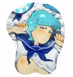 1boy bed bed_sheet blue_eyes blue_hair blue_hat blue_sailor_collar blush clothes_lift colored_skin conch_shell cookie_run cyan_eyes hands_up hat heavy_breathing humanization looking_at_viewer lying male_focus mouse_pad nipple_slip nipples on_back on_bed pale_skin parted_lips peppermint_cookie personification ribbon_hat ribbon_trim sailor_collar sailor_hat sailor_uniform seashell shell shirt shirt_lift short_hair short_sleeves striped_clothes striped_hat sweat sweatdrop two-tone_hat unworn_hat unworn_headwear white_background white_hat white_shirt white_stripe