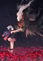 1girl beanie black_hair blue_eyes blue_hair boots breasts closed_mouth darkrai dawn_(pokemon) flower gen_4_pokemon hair_ornament hairclip hat highres legendary_pokemon long_hair mythical_pokemon nintendo pink_boots pink_skirt poke_ball_print pokemon pokemon_(creature) pokemon_dppt red_scarf scarf shirt skirt sleeveless smile white_hat yomogi_(black-elf)