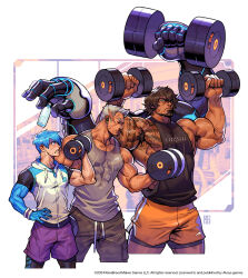3boys absolum_art absurdres bara biceps blazing_strike blue_eyes blue_hair brown_hair cropped_legs dark-skinned_male dark_skin dumbbell exercising extra_arms facial_hair goatee grey_hair highres holding holding_dumbbell jake_(blazing_strike) large_pectorals low-cut_armhole male_focus mateo_(blazing_strike) mechanical_arms multiple_boys muscular muscular_male nipples official_art oro_(blazing_strike) pectorals short_hair shorts sidepec sweat tattoo weightlifting