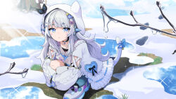 Rule 34 | 1girl, and uge, animal hood, blue eyes, blunt bangs, cat hood, circle facial mark, detached sleeves, dress, ear covers, fake tail, frilled dress, frills, goten (510gensoku), grey hair, hair ornament, hairclip, hood, hugging own legs, long hair, looking at viewer, nanashi inc., outdoors, puddle, shoes, single thighhigh, sitting, sleeves past fingers, sleeves past wrists, snow, solo, sunlight, tail, thick eyebrows, thighhighs, v ap art, virtual youtuber, white dress, white shoes