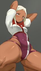 Rule 34 | 1girl, absurdres, arms behind head, ass, breasts, covered navel, crop top, crotch focus, dark-skinned female, dark skin, from below, gluteal fold, green eyes, grey background, highleg, highleg leotard, highres, lal&#039;c mellk mal, leotard, medium breasts, purple leotard, red stripes, shirt, sidelocks, solo, spread legs, squatting, t-lex, thigh focus, thighs, top wo nerae! (series), top wo nerae 2!, white hair, white shirt, white stripes