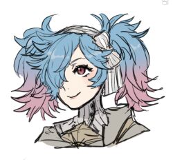 1girl blue_hair fire_emblem fire_emblem_fates gradient_hair hair_over_one_eye highres looking_to_the_side multicolored_hair nintendo peri_(fire_emblem) pink_hair portrait red_eyes solo twintails two-tone_hair yuki12046