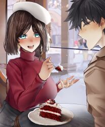 1boy 1girl absurdres beret black_hair blush braid breasts brown_hair cafe cake charlotte_corday_(fate) fate/grand_order fate_(series) feeding food fujimaru_ritsuka_(male) green_eyes hat highres holding holding_spoon impossible_clothes large_breasts long_sleeves obazzotto open_mouth short_hair side_braid smile spoon sweater turtleneck turtleneck_sweater