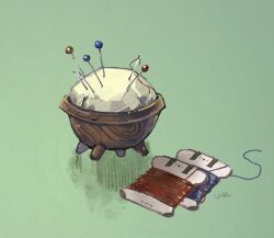 Rule 34 | commentary request, green background, highres, needle, no humans, object focus, original, pincushion, sewing needle, sewing pin, signature, still life, thread, yamabuki (haruirokerria)