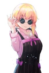 10s 1girl apron asymmetrical_hair blonde_hair closed_mouth commentary_request female_focus green_eyes hand_up heart heart_necklace highres idolmaster idolmaster_cinderella_girls jewelry light_smile looking_at_viewer meme miyamoto_frederica necklace ryuu. salt salt_bae_(meme) short_hair_with_long_locks simple_background solo sunglasses upper_body white_background