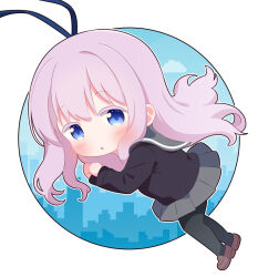 1girl black_cardigan black_pantyhose blue_eyes blue_ribbon blush brown_shoes building cardigan chibi city cityscape cloud floating grey_skirt hair_ribbon long_hair long_sleeves looking_at_viewer open_mouth pantyhose pink_hair r245 ribbon school_uniform sengoku_kamuri shoes skirt sky skyscraper slow_start white_background
