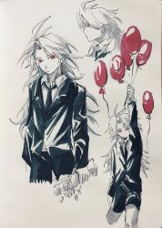 1boy absurdres antenna_hair balloon bouquet chinese_commentary closed_mouth collared_shirt commentary_request curtained_hair expressionless flower hatsutori_hajime highres holding holding_balloon holding_bouquet jacket long_hair long_sleeves marker_(medium) monochrome multiple_views mutou_(wanniya88414) necktie no_mouth no_nose parted_bangs red_eyes saibou_shinkyoku shirt shorts simple_background spot_color suit_jacket traditional_media white_background