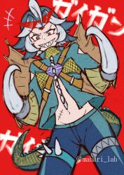 1boy amputee asymmetrical_legwear buzzsaw_(tool) clothing_cutout cyborg diamond_(shape) gem gem_on_head gigan gigan_(cosplay) godzilla_(series) godzilla_vs._gigan green_hair green_jacket highres hook hook_hand jacket japanese_text kaiju looking_down mahari_lab monster monster_boy multicolored_hair navel open_clothes open_jacket personification prosthesis prosthetic_arm red_background red_eyes scar scar_on_waist sharp_teeth simple_background spikes sunglasses sunglasses_on_head tail teeth toho two-tone_hair weapon white_hair wings zipper zipper_legwear