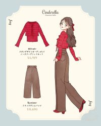 1girl animification bow brown_hair cinderella_(disney_movie) genderswap hair_ornament highres humanization jaq_(cinderella) lips long_hair long_sleeves looking_at_viewer meecosme ribbon shirt shoes simple_background smile solo solo_focus white_background