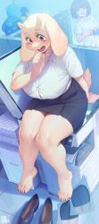 1boy 2girls ? black_skirt blue_hoodie blush breasts collared_shirt cup false_smile flying_sweatdrops frisk_(undertale) furry furry_female goat_girl high_heels highres holding holding_cup hood hoodie horns indoors inuki_(aruurara) large_breasts mug multiple_girls nervous_sweating office office_lady paper photocopier pink_eyes printer sans_(undertale) shirt short_sleeves skeleton skirt smile sweat tail teeth toriel undertale unworn_footwear upper_teeth_only white_fur white_shirt