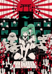 2girls bell candle commentary_request dual_persona green_eyes green_hair highres kochiya_sanae long_hair looking_at_viewer multiple_girls open_mouth scared school school_uniform serafuku skirt smile sunburst surreal torii touhou yamada_satoshi