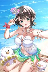 1girl absurdres bare_shoulders bikini blush bow breasts brown_hair earrings green_eyes green_sarong hair_ornament highres hololive inokeiwd jewelry large_breasts looking_at_viewer navel necklace ocean oozora_subaru open_mouth outdoors red_bow sarong seashell shell shell_hair_ornament shell_necklace sitting smile solo swimsuit thigh_strap v virtual_youtuber wariza white_bikini