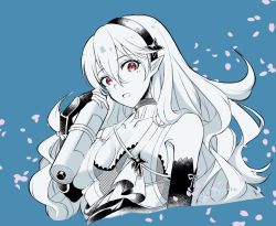1girl :d blue_background breasts cherry_blossoms choker cleavage collarbone corrin_(female)_(fire_emblem) corrin_(fire_emblem) cropped_torso elbow_gloves fingerless_gloves fire_emblem fire_emblem_fates fishnets floating_hair gloves hair_between_eyes hairband highres holding holding_scroll karashino limited_palette long_hair looking_at_viewer medium_breasts ninja nintendo open_mouth pointy_ears red_eyes scroll sideboob smile solo twitter_username very_long_hair