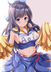 1girl bare_shoulders black_hair blue_bow blue_eyes blue_skirt blush bow breasts character_name cheerleader closed_mouth clothes_writing commentary_request crop_top drawstring grey_background hair_bow highres hood hood_down long_hair looking_at_viewer medium_breasts midriff misumi_aoi navel ongeki pleated_skirt pom_pom_(cheerleading) sideboob skirt smile solo star_(symbol) striped_bow very_long_hair white_background xenon_(for_achieve)