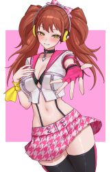 Rule 34 | 1girl, absurdres, black bra, black thighhighs, blush, bra, breasts, brown eyes, brown hair, choker, crop top, fingerless gloves, gloves, headphones, highres, jewelry, kujikawa rise, long hair, looking at viewer, navel, persona, persona 4, persona 4: dancing all night, persona dancing, shadow (persona), shadow rise, skirt, smile, solo, thighhighs, turnipdish, twintails, underwear