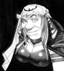 1boy absurdres big_nose black_background breasts cleavage commentary cosplay english_commentary fusion greyscale highres hololive hololive_english large_breasts long_hair looking_at_viewer monochrome mori_calliope mori_calliope_(cosplay) multiple_girls ogre raised_eyebrows shrek shrek_(series) simple_background sketch smile solo spikes tiara upper_body veil virtual_youtuber xyanaid