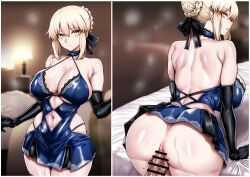 1boy 1girl alternate_breast_size artoria_pendragon_(fate) ass bar_censor bare_back bare_shoulders bed bedroom blonde_hair blue_dress blurry blurry_background breasts censored collarbone dress elbow_gloves fate/grand_order fate_(series) female_focus gggg gloves hair_bun hair_ribbon hetero highres lamp large_breasts open_mouth penis ribbon saber_alter sex sex_from_behind thong yellow_eyes