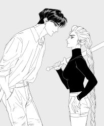 Rule 34 | 1boy, 1girl, absurdres, bracelet, braid, braided ponytail, eye contact, eyelashes, hands in pockets, highres, holding, holding sword, holding weapon, jewelry, jinu (kpop demon hunters), kpop demon hunters, looking at another, pinkteest, profile, rumi (kpop demon hunters), short hair, shorts, simple background, sword, turtleneck, weapon