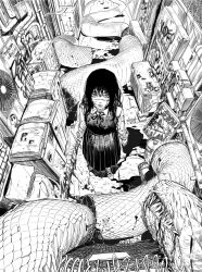 Rule 34 | 1girl, alley, arms at sides, blood, blood on clothes, blood on face, blood on ground, bloody weapon, bow, bowtie, chain-link fence, chainsaw man, closed mouth, commentary, cross scar, cup, dead animal, disposable cup, drainpipe, dress, drinking straw, dripping, electric fan, english commentary, facial scar, fence, fourth east high school uniform, from above, graffiti, greyscale, heo sung-moo, highres, holding, holding sword, holding weapon, hyye9, long hair, long sleeves, looking at viewer, monochrome, outdoors, pinafore dress, pleated skirt, ringed eyes, scar, scar on cheek, scar on face, school uniform, shoes, skirt, sleeveless, sleeveless dress, snake, solo, standing, sticker, sword, trash, trash can, weapon, yoru (chainsaw man)