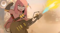 1girl arm_up belt black_gloves bocchi_the_rock! bread_forbidden commentary commentary_request cosplay crossover cube_hair_ornament electric_guitar english_commentary fire flamethrower gibson_les_paul gloves gotoh_hitori guitar hair_between_eyes hair_ornament hand_up holding holding_flamethrower holding_instrument holding_weapon instrument jacket jitome long_hair looking_at_viewer mad_max mad_max:_fury_road music one_side_up oxygen_tank photo_background pink_hair pink_jacket playing_instrument pyro_(tf2) pyro_(tf2)_(cosplay) rectangular_mouth solo team_fortress_2 track_jacket upper_body v-shaped_eyebrows weapon