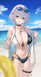1girl absurdres bare_shoulders bikini black_bikini blue_sky blush breasts cleavage cloud cloudy_sky commentary_request day eyewear_on_head feet_out_of_frame front-tie_top gluteal_fold green_eyes grey_hair hair_between_eyes head_tilt highleg highleg_bikini highres hololive horizon jacket jewelry large_breasts looking_at_viewer mole mole_on_breast multicolored_bikini navel necklace o-ring o-ring_bikini o-ring_bottom o-ring_top ocean off_shoulder official_alternate_costume open_clothes open_jacket open_mouth outdoors shirogane_noel shirogane_noel_(summer_2020) short_hair side-tie_bikini_bottom skindentation sky smile solo standing stomach sunglasses swimsuit thigh_strap thighs two-tone_bikini virtual_youtuber watao white_bikini white_jacket yellow_innertube