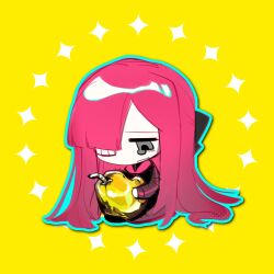 1girl apple black_bow bow chibi food fruit gauze gauze_over_eye golden_apple golden_apple_(project_moon) grey_eyes hair_bow highres limbus_company long_hair long_sleeves maggot pink_hair project_moon simple_background sitting solo tears very_long_hair yellow_background yuri_(project_moon) ziv_(ziw1004)